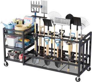 Garden Tool Organizer with Wheels-Movable Garden Tool Rack with Storage Hooks for Long-Handled Tools/Rakes/Brooms/Shovels