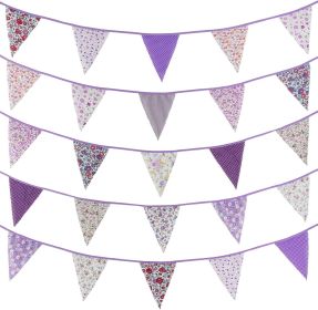 39Ft Purple Floral Fabric Bunting Banner Triangle Flag Party Decorations Hanging Cotton Rustic Vintage Flowers Garland Pennant for Wedding Birthd