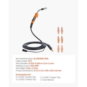 250A MIG Welding Gun With 15FT Cable, Replacement For Lincoln Magnum Pro 250L  - With 7PCS Mig Welding Contact Tips (Option: Black)